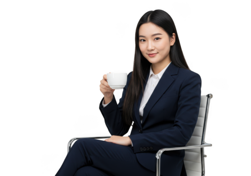 Asian woman business professional enjoying coffee break while seated in office chair transparent background