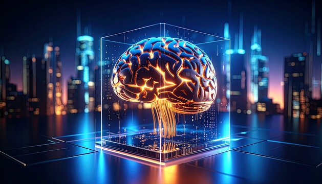 A glowing brain encased in a digital cube represents artificial intelligence and technological innovation in a futuristic cityscape