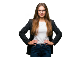 Confident woman in blazer and glasses posing with hands on hips professional portrait transparent background