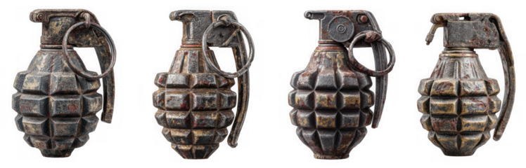 Set of four vintage fragmentation grenades, showing different angles and textures, isolated on transparent background