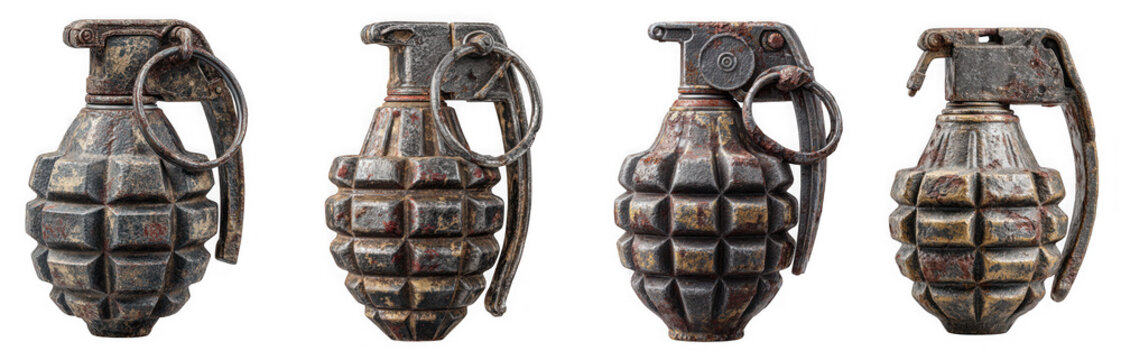 Set of four vintage fragmentation grenades, showing different angles and textures, isolated on transparent background