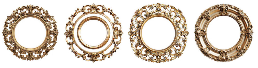 Collection of four antique ornate gold circular and oval decorative frames isolated on transparent background