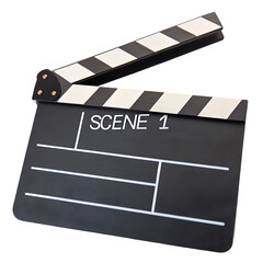 Obraz premium Classic clapperboard for film production on white background, perfect for movie making scenes