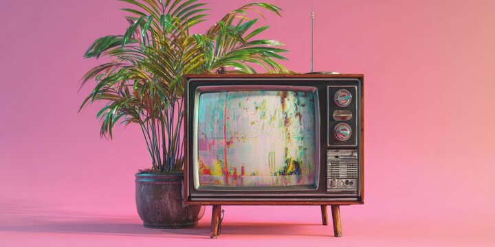 Black Retro Television with Glitch Effect and Potted Palm on Pink Pastel Background - Powered by Adobe