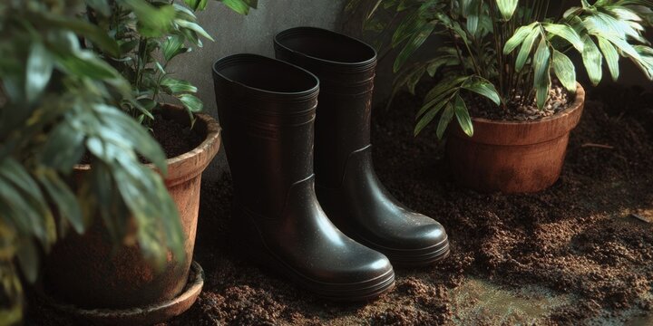 Black Rubber Boots Next to Potted Plant and Wet Soil - Powered by Adobe
