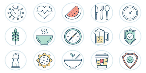 Fototapeta premium Health, Fitness and Wellness Icons Set with Lifestyle, Exercise, Nutrition, and Relaxation Symbols