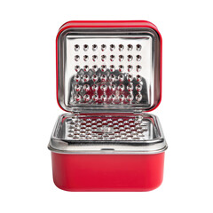 Red, square food container with stainless steel perforated lid