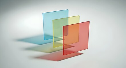 Three translucent colored acrylic squares casting shadows on a clean white background
