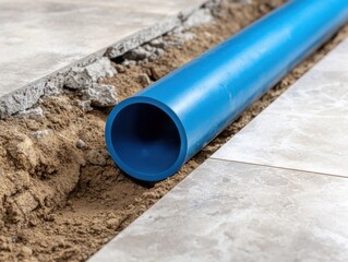 Blue plastic pipe laid in a trench dug in a tiled floor, for underfloor heating or plumbing installation work.