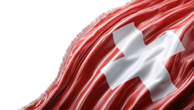 A digitally rendered image of a waving Swiss flag