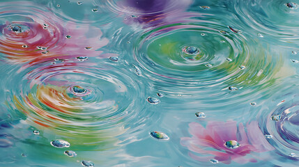 Water droplets creating ripples on a colorful abstract surface pattern in a close up view