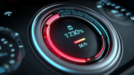 Close-up of a digital gauge displaying battery percentage and status. The design features a circular interface with red and blue accents, emphasizing modern technology.