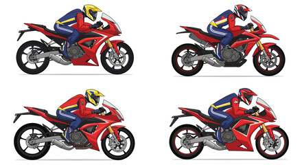Obraz premium Motorcycle riders in different positions on red bikes with colorful helmets and suits