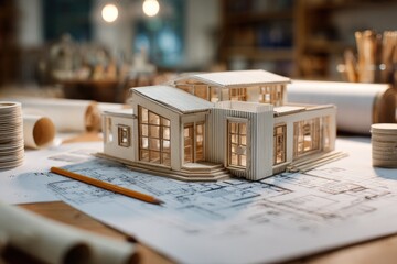 Architectural model of a house on blueprints