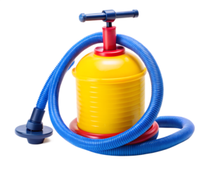 Yellow and blue hand air pump for balloons isolated on transparent background