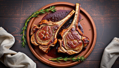 Grilled lamb chop with rosemary herb on brown plate served on rustic wooden table with white cloth
