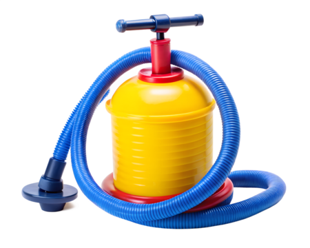 Yellow and blue hand air pump for balloons isolated on transparent background