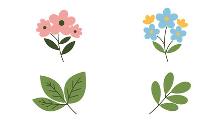 Colorful flowers and leaves on white background