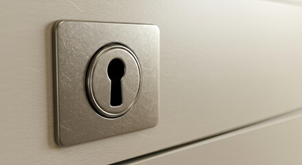 Closeup of a metal keyhole cover with a keyhole on a white textured surface