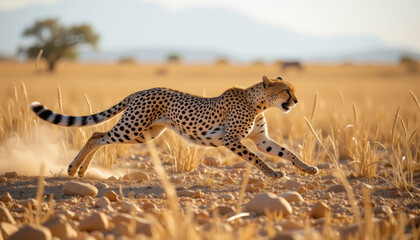 Obraz premium Cheetah running fast across dry grassland with rocks and blurred background in warm sunlight