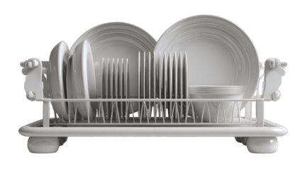 White dish drainer with stacked plates and cutlery