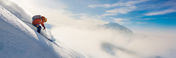Skier on Mountain Slope Wide Banner with Copy Space