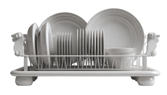 White dish drainer with stacked plates and cutlery