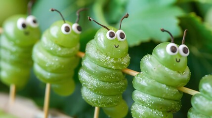 Caterpillar Grapes green grapes on a skewer with edible eyes, fun fruit snack for kids, creative food art, bright green, close up view