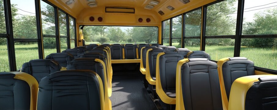 Empty school bus interior, yellow and dark gray seats
