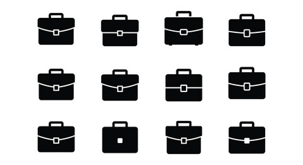 Collection of black briefcase icons in various orientations and styles