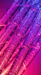 Abstract sci-fi test tubes with purple and pink light and bubbles in a futuristic laboratory setting
