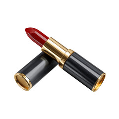 Luxurious deep red lipstick with elegant gold accents and a sleek black case, perfect for beauty and fashion marketing.