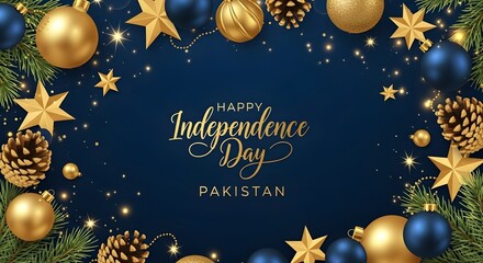 Happy independence day pakistan with ornaments and stars on a dark blue background