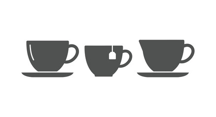Three coffee cups with saucers and tea bag in one cup