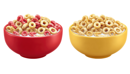 Two bowls of cereal, one red, one yellow, filled with ring-shaped cereal pieces