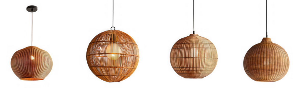 Collection of four unique woven pendant lights with intricate patterns, isolated on transparent background