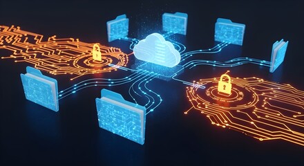 Cloud computing network with folders and security locks connected by digital circuit boards