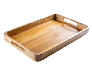 A simple wooden serving tray with handles, isolated on transparent background