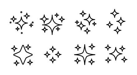 Collection of various star shapes and sparkles in black lines on white background