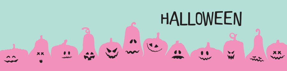 Funny pink pumpkins are arranged in a row on a blue long banner. Characteristic pumpkins with carved faces for Halloween. Halloween banner. Vector illustration.