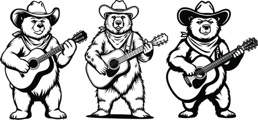 Cowboy bear playing acoustic guitar, country music mascot with hat and boots