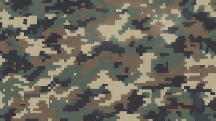 Seamless Digital Woodland Camouflage with Earth Tone Pixel Blocks