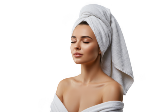 Woman with wrapped hair and robe enjoying a relaxing skincare moment transparent background