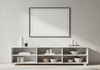 Photo of a modern interior featuring a blank frame mockup, a shelf with decorative objects, creating a stylish and minimalist living room setting