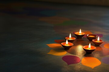 minimalistic design Diya oil lamps lit on colorful rangoli without text, the extreme right third of an image