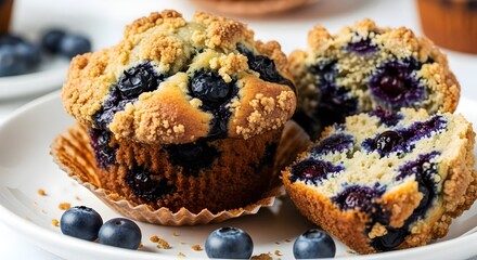 Delicious homemade blueberry muffin with crumb topping, close-up shot