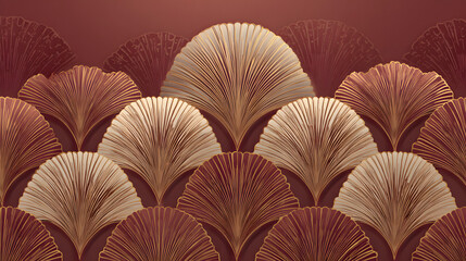 Abstract Art Deco backdrop with stylized fan motifs in bronze and ivory on a gradient of burgundy and gold hues