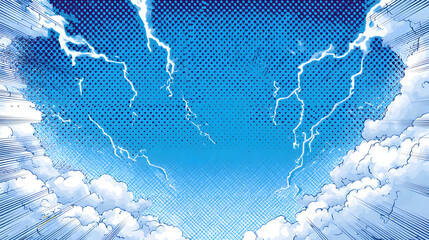 Background with blue zigzags halftone gradients and lightning comic elements