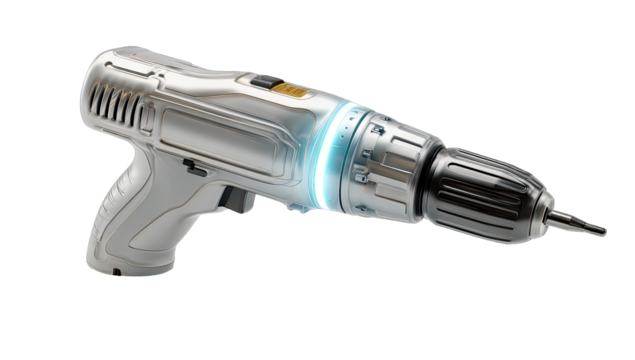 Sleek, futuristic cordless drill angled in a studio shot