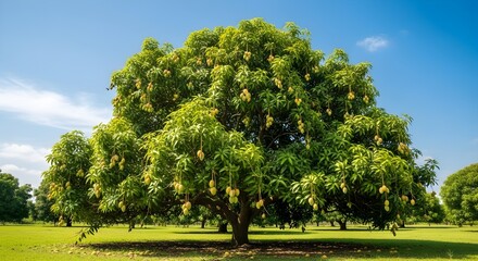 Fototapeta premium A lush mango tree laden with fruit stands prominently in a vibrant green field under a clear blue sky